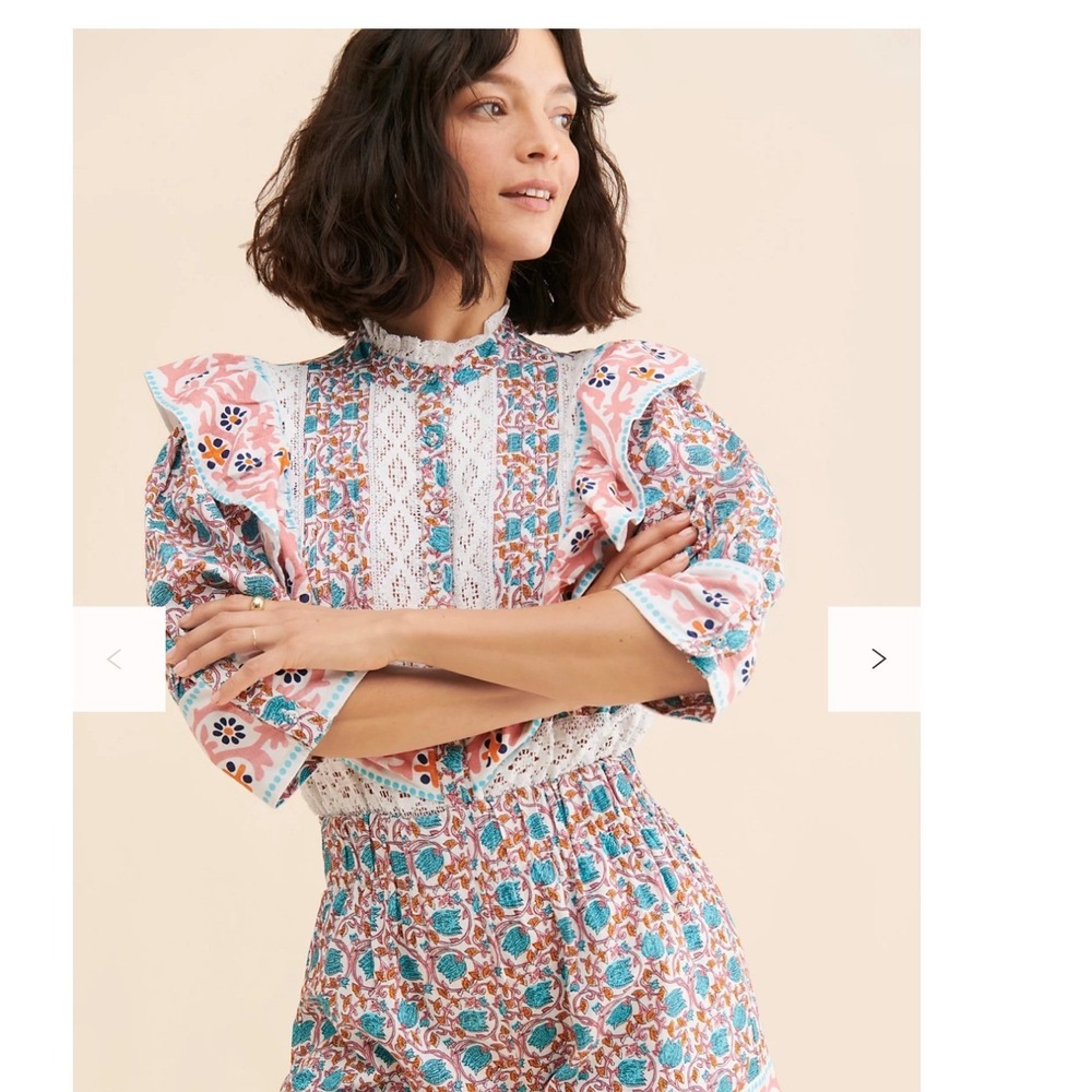 Place Nationale Romper Womens XS Pink Teal Floral Lace Ruffle Boho Sun Shorty